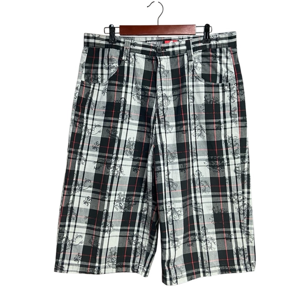 Southpole Y2K Long Shorts Men’s 36 Baggy Gray Black Plaid Crown All Over Logo